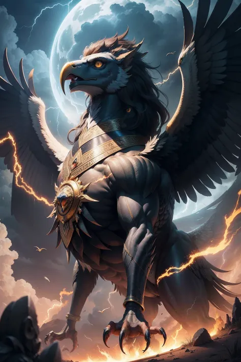 Create a the Anzu bird from Mesopotamian mythology. with immense wings outstretched, Lion body, Eagel head, demonic creature , each feather crackling with electric energy. Surround the bird with swirling storm clouds, capturing the intensity of thunderstor...