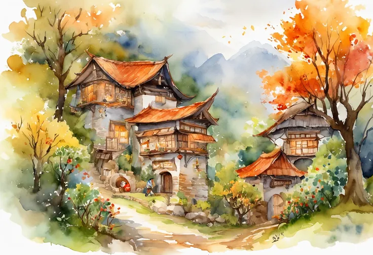 ultra - detailed, 超高分辨率, Mid-autumn village watercolor illustration, lush colors, Splendid scenery, Dreamy atmosphere, light bloom