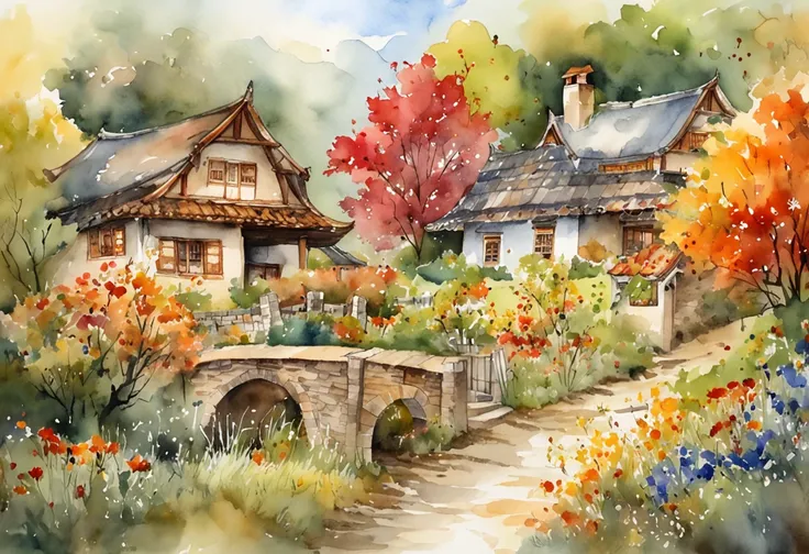 ultra - detailed, 超高分辨率, Mid-autumn village watercolor illustration, lush colors, Splendid scenery, Dreamy atmosphere, light bloom