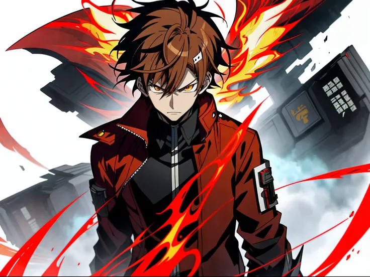 Anime characters with brown hair in black shirt，Red jacket and yellow flame, Badass anime 8 K, Key anime art, shigenori soejima illustration, hajime yatate, male anime character