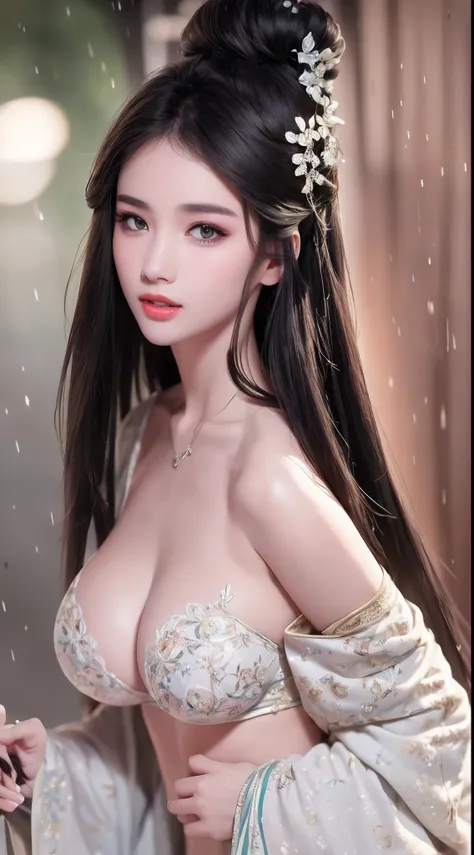 ((Best Quality, 8k, Masterpiece: 1.3)), Focus: 1.2, Perfect Body Beauty: 1.4, Buttocks: 1.2, ((Layered Haircut)), (Wet Clothes: 1.1), (Rain, Street:1.3), (Breasts: 1.2), (Hanfu: 1.2), Bare Shoulders, Bare Legs, Highly Detailed Face and Skin Texture, Fine E...