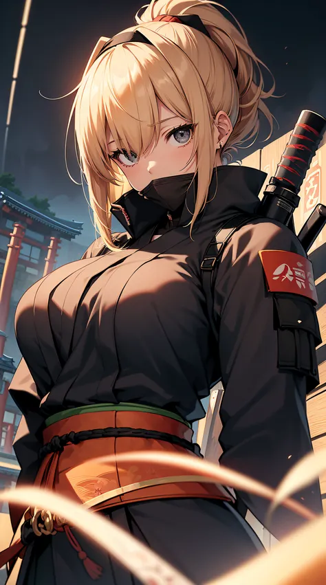 top-quality、Top image quality、​masterpiece、Mecha Girl((18year old、Black Ninja Uniform,Best Bust、Bust 100、a blond、poneyTail、Breasts wide open,You can see a large valley、Black eye、Strong eye power、Go to Viewer、Black Hachimaki、holding a katana)）hiquality、visu...