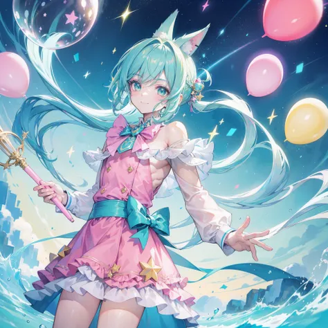 1Young hunk man, aquamarine hair with yellow strands, shiny green eyes, pastel blue rabbit ears, Smile, holding a pink magical wand, Masterpiece, hiquality,starry backround,rainbow ballons,pixie dust,stars,green classy outfit,standing,happy face,muscled ma...