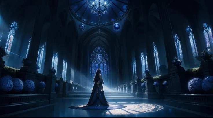 "Enchanting dark blue forest shrouded in darkness, adorned with magnificent dark blue flowering trees, basking in ethereal sunlight. Masterpiece, unparalleled quality, intricately detailed, mesmerizing illustration gothic architecture, magical atmosphere, ...