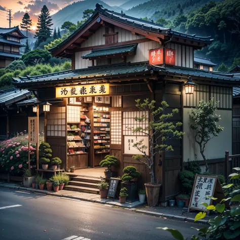 japan, modern Japanese shop by the side of a road in the mountains, modern Japanese architecture, sun-set, sunset, sun set, sun, best quality, (no one: 1), anime, anime style, lofi, dramatic weather, Japanese shop signs, lofi style, vegetation, woods, neon...