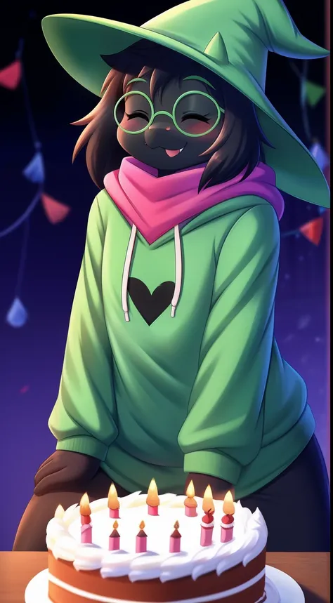 Ralsei from Deltarune, solo, 1boy, eyes closed, smile, blush, fangs, hoodie, upper body, professional art made by twistedscarlett60, black body, birthday cake