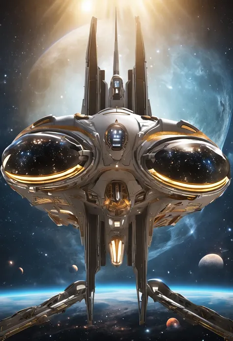 ivory white and gold plated starship like the starcraft protoss, spaceship with two wings flying in the sky at night, dark ( spaceship ), scifi spaceship, cartoon fantasy spaceship, futuristic spaceship, alien space ship flying in space, spaceship far on t...