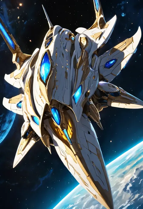 ivory white and gold plated starship like the starcraft protoss, spaceship with two wings flying in the sky at night, dark ( spaceship ), scifi spaceship, cartoon fantasy spaceship, futuristic spaceship, alien space ship flying in space, spaceship far on t...