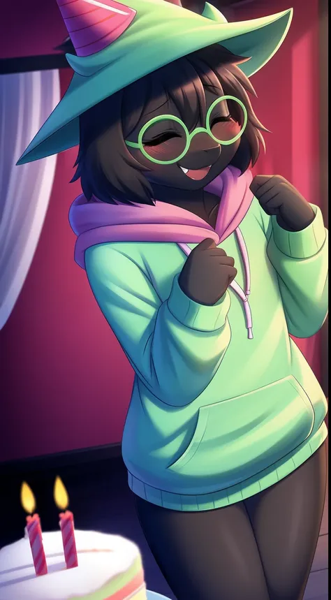 Ralsei from Deltarune, solo, 1boy, eyes closed, smile, blush, fangs, hoodie, upper body, professional art made by twistedscarlett60, black body, birthday cake