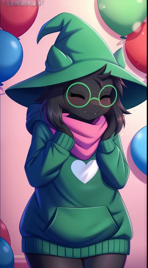 Ralsei from Deltarune, solo, 1boy, eyes closed, smile, blush, fangs, hoodie, upper body, professional art made by twistedscarlett60, black body, birthday cake