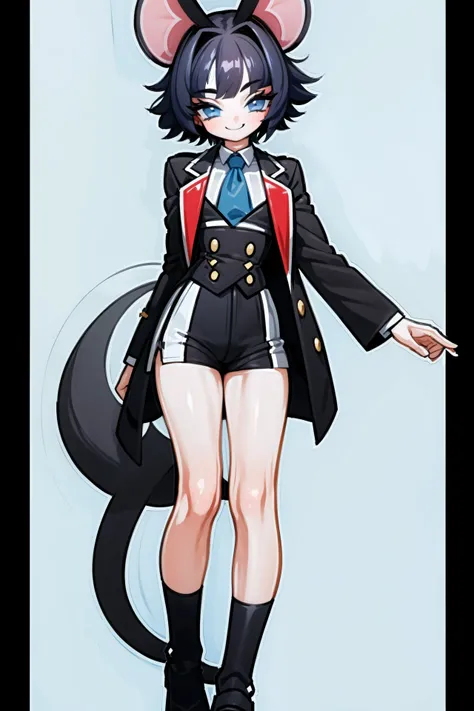 anime character, high detail, detailed art style, (canny smile:1.4), short curly hair, little chest, tailcoat, short shorts, ful...