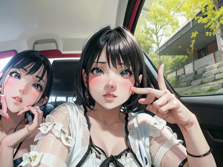 Two Asian women sitting with fingers raised on car, Anime style mixed with Fujifilm, Hyper realistic anime, Selfie in 8K, Realistic Young Gravure Idol, real life anime girl, two beautiful anime girls, photorealistic anime, realistic anime 3 d style, portra...