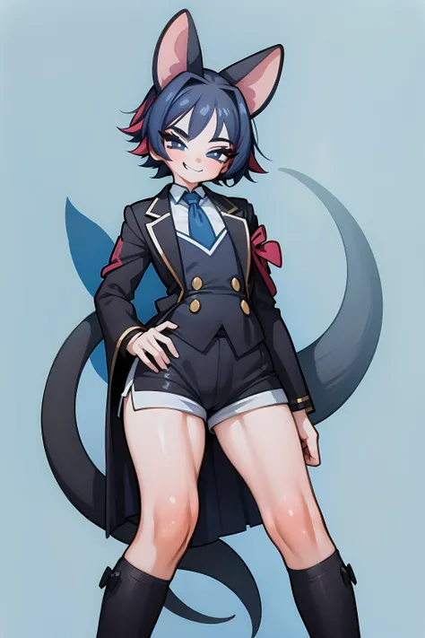 anime character, high detail, detailed art style, (canny smile:1.4), short curly hair, little chest, tailcoat, short shorts, ful...