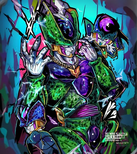 A drawing of a joker in a green suit and purple hat, Cell, cell shaded!!!, vibrant fan art, arte oficial altamente detalhada, cell shaded anime intricate, cell shaded art, cell shaded, cell-shading. ( RB 6 s, hyper detail illustration, cell - shaded, cell-...