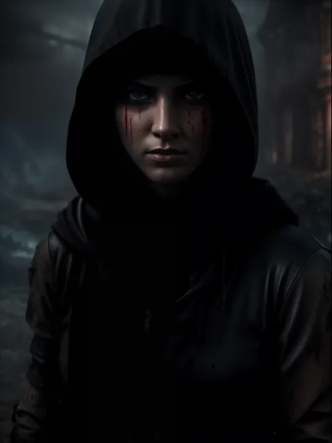 "Portrait of a haunting post-apocalyptic female warrior survivor with an empty expression, blood splatter, atmospheric Unreal Engine lighting, exquisite detail, 4k resolution, inspired by the style of Luis Royo, adorned with a hood."