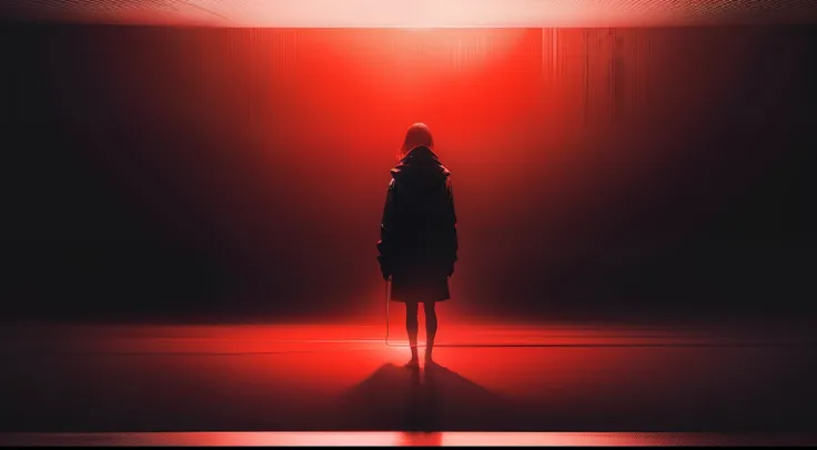 Black fog in the void，On a red background，Minimalist style，light streams，Soft light effect，Huge red reflective wall with hazy background，Soft space atmosphere，conceptual art，Scene art，Live art，Listen to the live broadcast