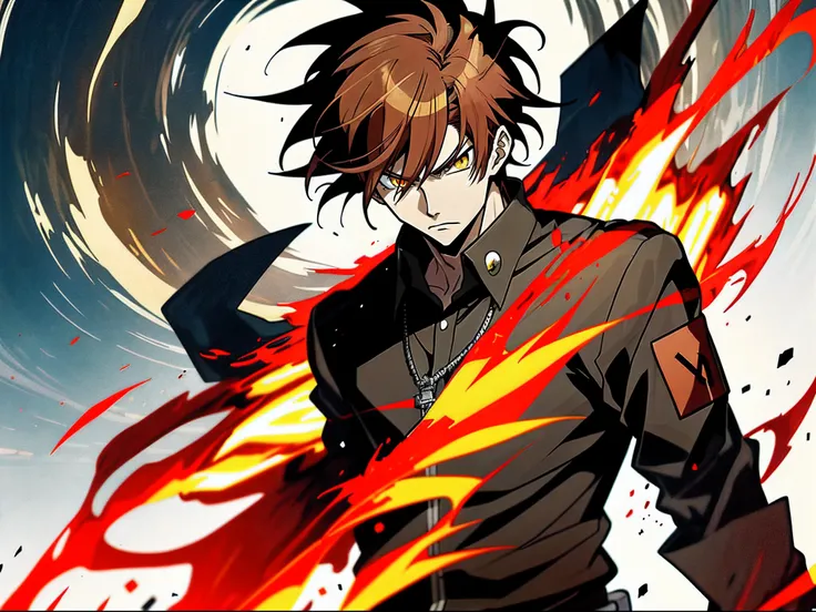 Anime characters with brown hair in black shirt，Red jacket and yellow flame, Badass anime 8 K, Key anime art, shigenori soejima illustration, hajime yatate, male anime character