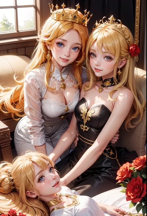 Only the smile of 2 cute girls、duo,Golden eyes、Golden hair、full of roses、crowns、