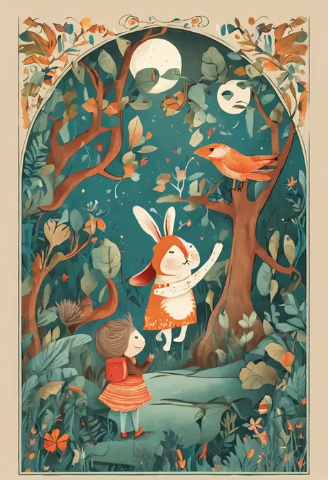 ilustraChildrens illustration of an enchanted forest featuring an adventurous boy rabbit, a climbing boy equine, a singing girl bird and a painter boy koalação infantil