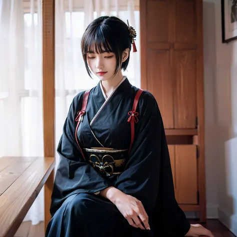 A woman with short hair sits quietly on a stool，He closed his eyes and sorted out the cards on the table，Three black cards in his hand，Dressed in black ancient samurai costume ，Its beautiful ，Mysterious and eerie