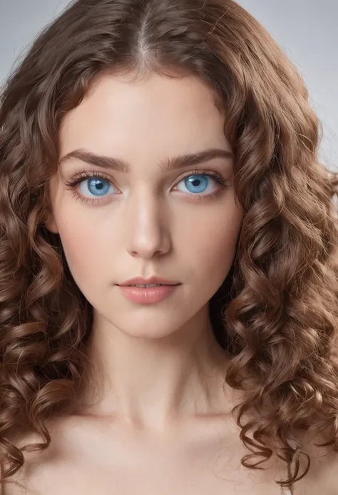 "Full body portrait of attractive girl with curly hair, petite figure, Beautiful face, captivating blue eyes, And big bust size, Show off her natural beauty."