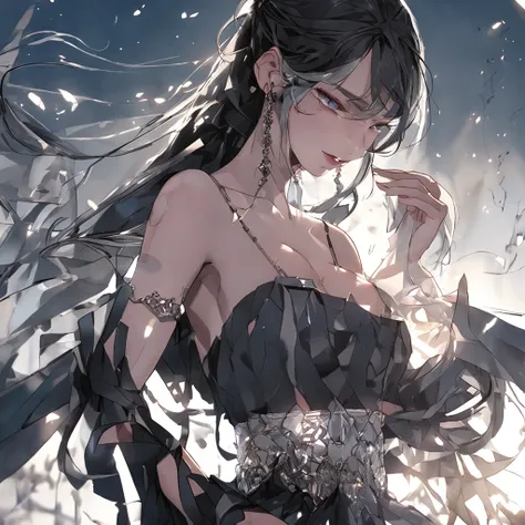 Crying women、cropped shoulders、Black full dress、mideum breasts、Black and long hair、Blue eyes that glow suspiciously、Crystal clear white skin、top-quality、tmasterpiece、whole (body)