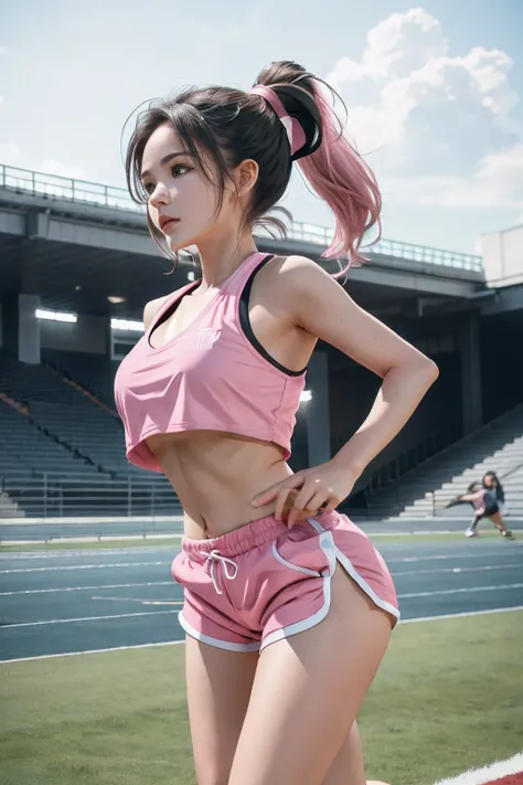 1 girl, solo, running, gray track top, pink shorts, ponytail, athletic build, dynamic brushstrokes, fluid movement, capturing th...