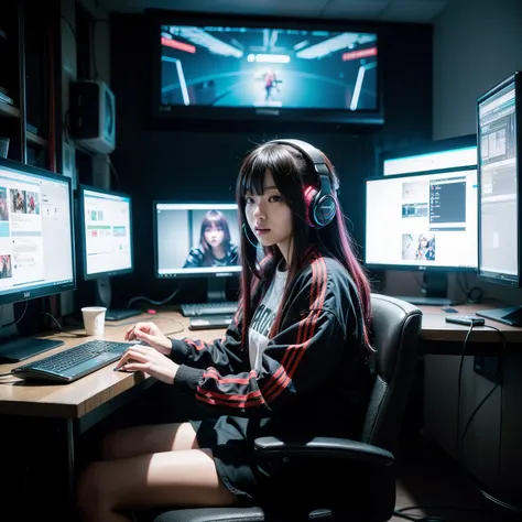 ((Masterpiece)), (((Best Quality)))), ((Illustration)), (Depth of Field: 1.2),Solo,Dynamic Angle,1 Girl,Hacker Beautiful 25 Years Old Japan Girl, Indoors, Room, well lighted Room, Sci-Fi, Neon, Neon Lights, Cyberpunk, Computer Room, Gaming Headphones, Comp...