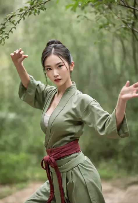 1 young girl, Kungfu, Green bamboo forest, Surrounded by rain, Illustration style, Motion blur, Open dress, Breasts, cleavage, Long exposure to the whole body, Exquisite facial features, Chinese ink style, Martial arts style, selective focus, in a panorami...