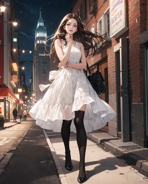 ((Realistic lighting, Best quality, 8K, Masterpiece: 1.3)), Clear focus: 1.2, 1girl, Perfect body beauty: 1.4, Slim abs: 1.1, ((dark brown hair)), (White dress: 1.4), (Outdoor, night: 1.1), City Street, Super Fine Face, Fine Eyes, Double Eyelids, (Over the...