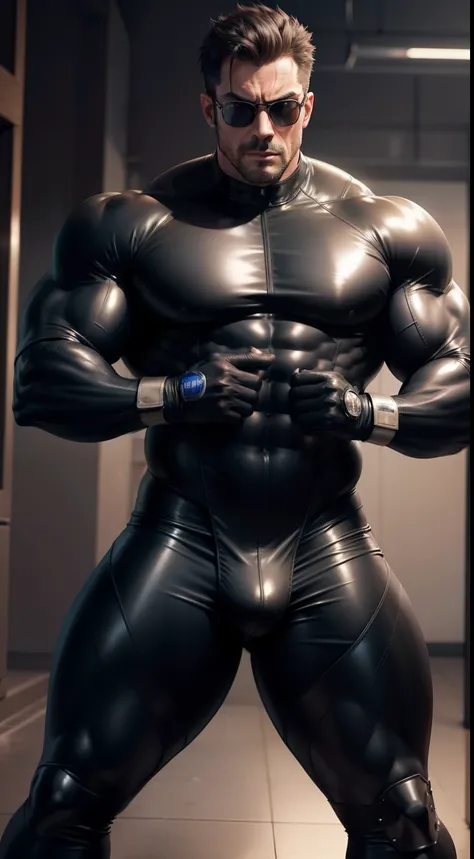 Muscular dad in a lewd leather suit，Full body like，wears dark glasses，Indecent expressions，Huge crotch bulge