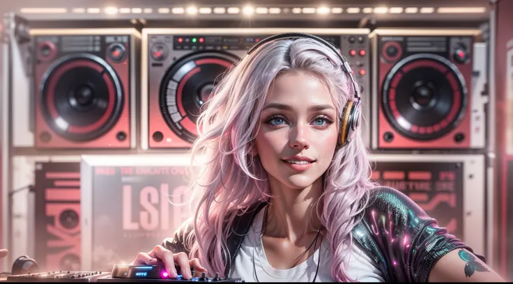 (Ultra - Detailed, 16k resolution, Cinema lens，Octane rendering),A young woman painted，Has straight white and pink hair, Wearing silver DJ sounds, Shiny silver sequin T-shirt, (Exclusive hip-hop pop outfit :1.3 ), Smile while DJ on stage. Standing in front...