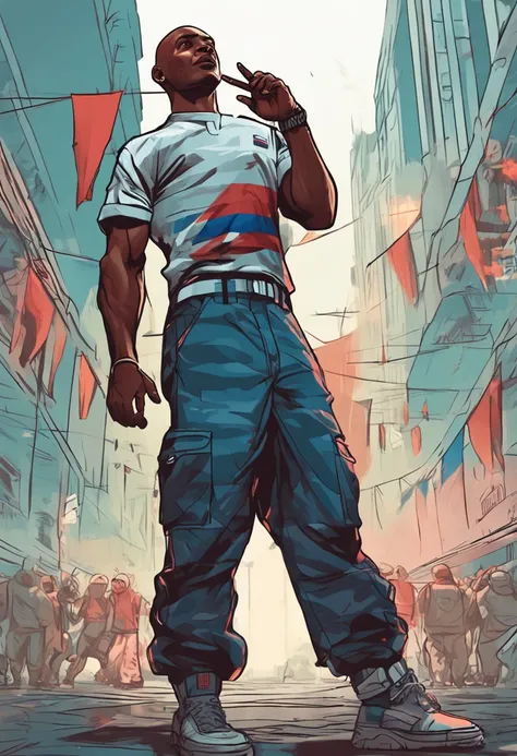 A pumped-up bald Negro in a white-blue striped T-shirt and military pants salutes against the background of a developing Russian flag.