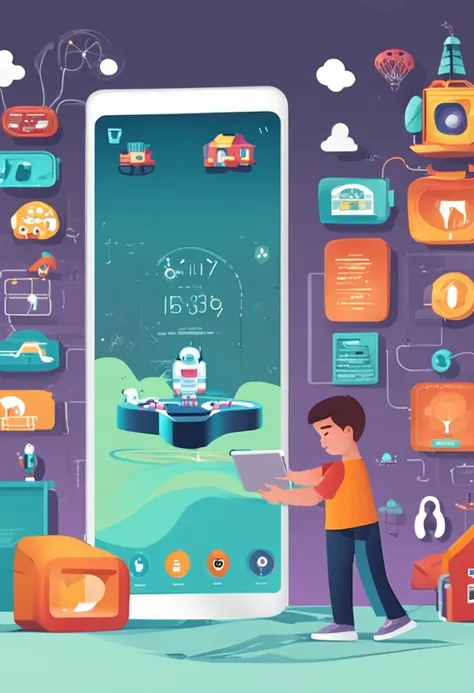 Create a scene that perfectly represents the synergy between physical and digital products. Illustrate a scenario where a modern tablet is displaying an interactive application interface while wirelessly connected to a physical device, as a robotic toy. Ki...