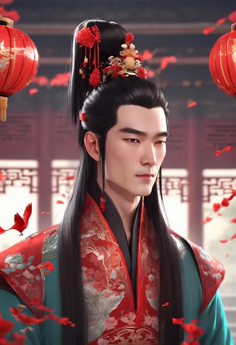 Chinese ancient style handsome man,frontal close- up,facial close-up,black long hair,wearing ancient Chinese red wedding clothes,wedding clothes with patterns,red petals flying in the airthe background is a gorgeous wedding palace,delicate facial
features,...