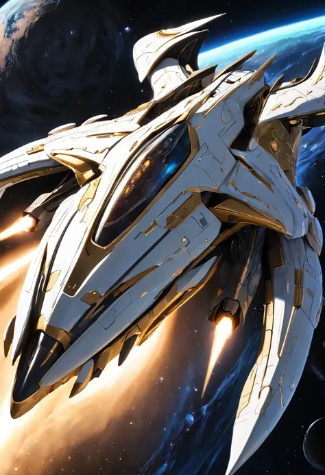 ivory white and gold plated starship like the starcraft protoss, spaceship with two wings flying in the sky at night, dark ( spaceship ), scifi spaceship, cartoon fantasy spaceship, futuristic spaceship, alien space ship flying in space, spaceship far on t...