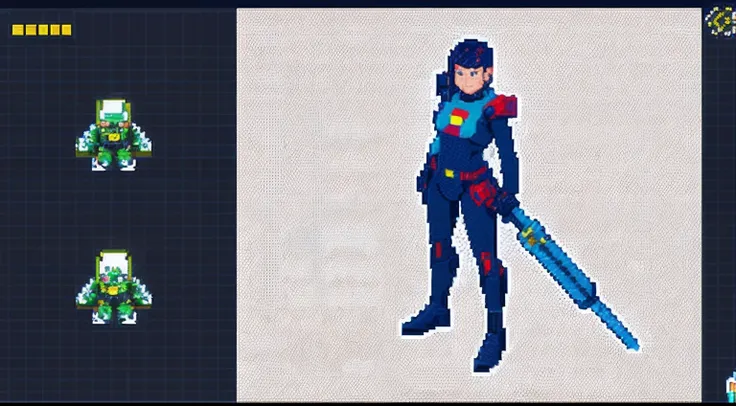 pixel game，character  design，Sci-fi suit，Warrior with a laser gun， Pixel art #pixelart