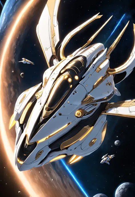 ivory white and gold plated space ship like the starcraft protoss, spaceship with two wings flying in the sky at night, dark ( spaceship ), scifi spaceship, cartoon fantasy spaceship, futuristic spaceship, alien space ship flying in space, spaceship far on...