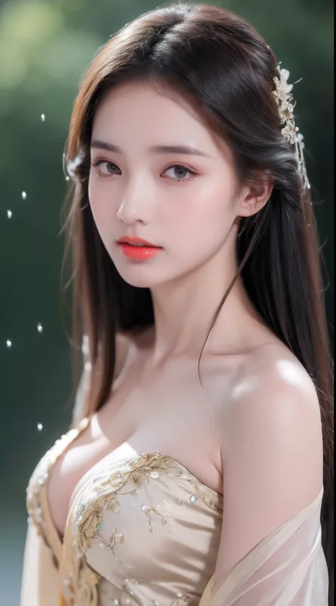 ((Best Quality, 8k, Masterpiece: 1.3)), Focus: 1.2, Perfect Body Beauty: 1.4, Buttocks: 1.2, ((Layered Haircut)), (Wet Clothes: 1.1), (Rain, Street:1.3), (Breasts: 1.2), (Hanfu: 1.2), Bare Shoulders, Bare Legs, Highly Detailed Face and Skin Texture, Fine E...