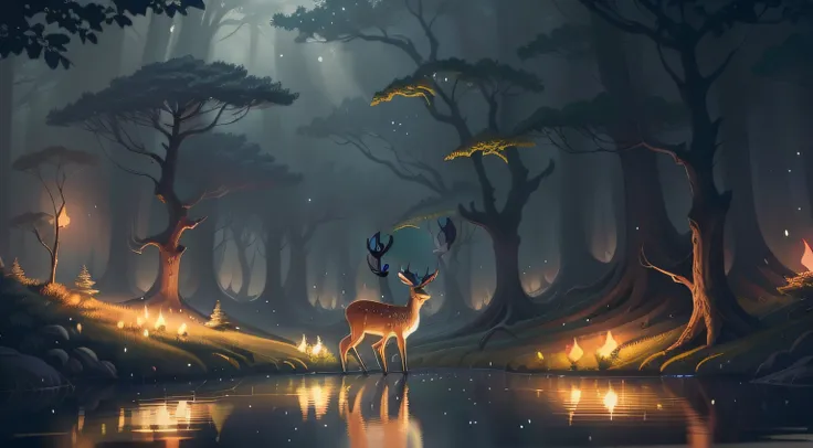 there is a deer standing in the middle of a forest, Beautiful digital artwork, Glowing lights! Digital painting, A beautiful artwork illustration, Beautiful digital illustration, calm evening. Digital illustration, magical forest with fireflies, beautiful ...