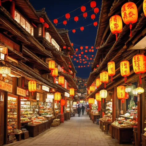 Ancient Chinese streets，China-style，Ancient buildings，Shop，Booth，wide wide shot，the night，full of lights，Lanterns