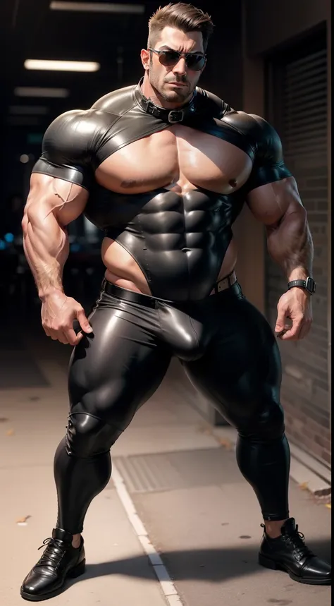 Muscular dad，Full body like，wears dark glasses，Indecent expressions，Huge crotch bulge，Unobstructed chest，Unobstructed groin area，Leather collar，Tight rubber clothing with holes in holes