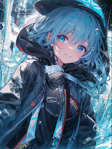 ((top-quality)), ((​masterpiece)), ((ultra-detailliert)), (extremely delicate and beautiful), girl with, 独奏, cold attitude,((Black jacket)),She is very(relax)with  the(Settled down)Looks,A dark-haired, depth of fields,evil smile,Bubble, under the water, Ai...