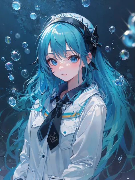 ((top-quality)), ((​masterpiece)), ((ultra-detailliert)), (extremely delicate and beautiful), girl with, 独奏, cold attitude,((Black jacket)),She is very(relax)with  the(Settled down)Looks,A dark-haired, depth of fields,evil smile,Bubble, under the water, Ai...