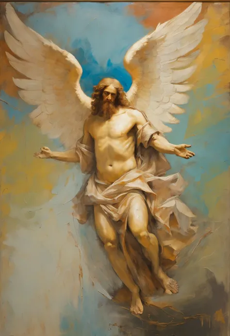 A expressive painting in leonardo da vinci style of the Angel Gabriel with big wings, using a white cloth of angel, smile, with glasses, holding planet Earth in one hand