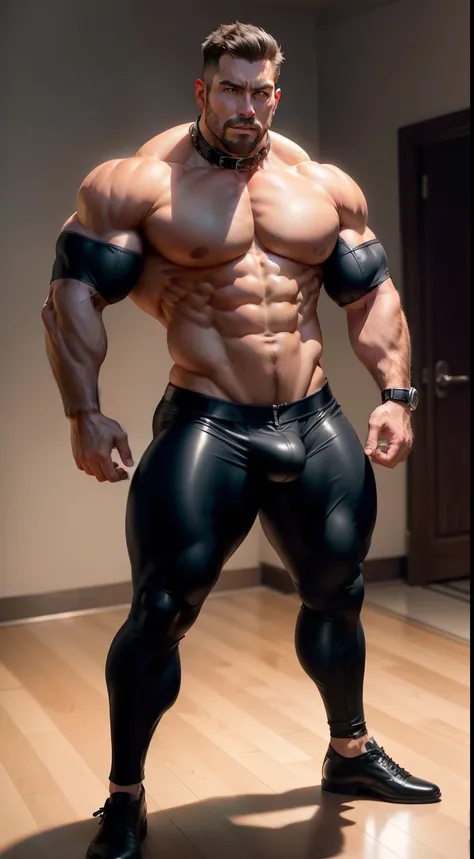 Muscle Dad，Full body like，Indecent expressions，Huge crotch bulge，Unobstructed chest，The abdomen is unobstructed，The inguinal area is unobstructed，Leather collar，Tight rubber clothes are torn，Thigh-to-toe unobstructed，lifting one leg