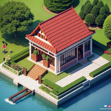 isometric house, and other pixel styles，red bricks，cafe，lotus flower