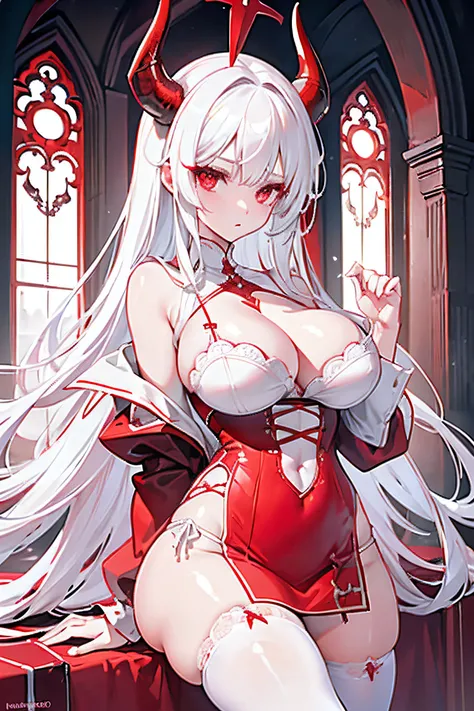 A girl with big dragon horns on her head，Long white hair，red color eyes，Erotic white lace lingerie，crosses，Fighting posture，divino，highest  quality，exposing her chest，Miniskirt，Gorgeous church background with extreme details，White thongs exposed，Poor milk