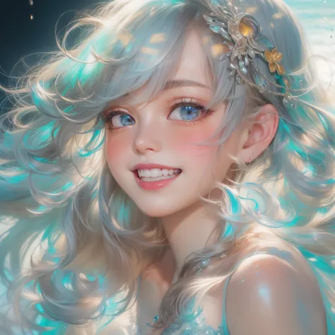 Close up of iridescent smile with open mouth、(realisitic、hight resolution)、(1 girl in)、Do-Up Eye、Korean Girl、(Best Quality), (masutepiece), (1girl in), Solo, a beauty girl, Perfect face, Big Breast,dreamlikeart、Highly detailed airbrush art((Surreal))、Volum...