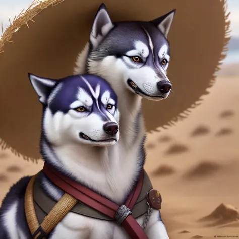 A husky in a straw hat holding a katana